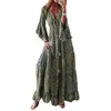 Robes Décontractées Femmes Robe Maxi Imprimé Floral Avec Manches À Volants Et Cordon De Serrage À La Taille - Élégant Col En V Boutonné Devant Bohemian A-Line Long