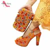 Dress Shoes Mature Style Italian Women And Bag To Match In Orange Color Shinning Crystal Slingback Sandal With Platform For Party