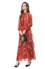 Women's Runway Dresses O Neck Long Sleeves Polka Dots Printed Ruffles Elegant Fashion Maxi Designer Vestidos