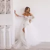 Sweetheart Bodice Corset Wedding Dress Split Open Cut Wedding Dresses With Ta bort Bishop Sleeve Western Country Beach Brudklänning