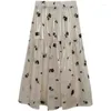 Skirts TingYiLi Spring Summer Rose Flocked Organza Tiered A-line Skirt Retro Korean Elegant Women Floral Beige Black Midi Tutu