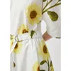 Lässige Kleider SHUCHAN Sonnenblumendruck Sommerkleid Damen Baumwolle A-Linie locker knöchellang Laternenärmel lang für