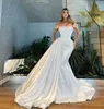 Glamourous Satin Mermaid Wedding Dresses Illusion Pearls Off Shoulder Wedding Dress Sweep Train de Mariee Bridal klänningar