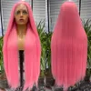 Capless pruiken van echt haar Synthetisch Roze Kleur Kanten pruiken Voor Dames Lang Recht Kanten Voorhaar Natuurlijke haarlijn HighTemperature Fiber DagelijksCosplay x0802