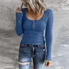 Koszulki kobiet kobiety długie rękaw Slim Fit Tops Rynek Kołnierz Henley Clar TES TEE RETRO T-shirty Femme Ropa Mujer