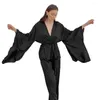 Women's Sleepwear Black Pajamas Sets For Women Batwing Long-sleeve Cardigan Nightgown With Belt Loose Pants 2Pcs Nightclothes Lady Home