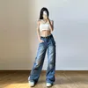 Damen Jeans Baggy Cargo Damen Y2K Vintage Asymmetrische Reißverschlusstasche Denim Hose Streetwear Casual Straight Leg Hose Pantaloni