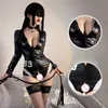 Sexy Set Sexy Deep V Discothèque Cosplay Costume Noir PU En Cuir Crotchless Body Crotchless Mesh Voir À Travers Passion Lingerie 230804