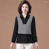 Women's T Shirts Office Lady Shirt Collar Striped Patchwork Long Sleeved T-shirts Spring Autumn Clothing Comfortable Ity Tops