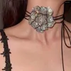 Kedjor Luxury Rose Flower Choker Leather Full Rhinestone Big Necklace Wax Rope Black ClaVicle Chain Women