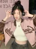 レディースジャケットQWeek韓国韓国ファッションピンクボンバージャケット女性特大Y2KビンテージプレッピーブルージップアウターウェアKPOPパッチワークバーシティジャケット230803