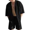 Heren Trainingspakken Zomer Strandkleding Mannen Katoen Linnen 2 Delige Set Effen Kleur Halve Mouw Knopen Shirts Shorts Losse Hawaiiaanse Outfits