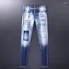 Heren Jeans Street Fashion Designer Mannen Vintage Retro Lichtblauw Elastische Slim Fit Ripped Patched Hip Hop Merk Broek Hombre