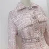 Casual Kleider Marke Designer Frauen Tweed Kleid Einreiher 2023 Büro Damen Elastische Taille Twill Elegante Rosa Party Mini