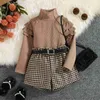 Kleidungssets Citgeett Herbst Kinder Mädchen Kleidung Sets Rüschen Langarm Gestrickte Rollkragenpullover Top Plaid Shorts Gürtel Anzug x0803