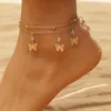 Fußkettchen Schmetterling für Damen, zierliche, verstellbare mehrlagige Perlenkette mit winzigen Perlen-Fußkettchen