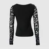 Women's T Shirts Sexig Deep V Neck Black Lace Women Tshirts Hollow Out Long Sleeve Tops Ladies 2023 Casual Slim Fit Splice T-shirt 27299