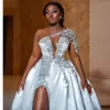 Luxury One Shoulder Satin A Line Wedding Dresses With Sweep Train Beading Lace Side High Slit Sexy Vestidos De Novia African Long Sleeve Bridal Gowns for Bride