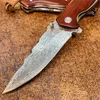 S7213 Flipper Folding Knife Damascus Steel Straight Point Blade Rosewood Handle Outdoor Camping Hiking Fishing EDC Pocket Knives with Leather Sheath