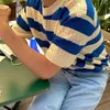 Men's T Shirts Korean Style Mens Striped Crewneck T-Shirts Short Sleeve Casual Knitting Tshirt Men Slim Fit Summer Hollow Out Basic Tops