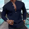 Men's Casual Shirts Fashion Long Sleeve Solid Color Half Cardigan Henley Collar Shirt Hawaiian Vacation Summer 5 Colors