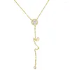 Hangers Mode 925 Sterling Zilver Rose Goud Kleur Ketting Y Gelaagdheid Grote CZ Ronde Charm Vrouwen Bruiloft