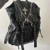 Skolväskor MBTI GOTH Y2K Ryggsäckar för kvinnor Svart Punk Rivet Chain School -elever Bag Pu Leather Cross Skeleton mode Kvinnliga ryggsäckar 230803