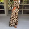 Casual Dresses Elegant Women Dress Summer Leopard Print V Neck Maxi med kontrastfärgfickor Stylish Ankle Length Women's