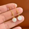 Boucles d'oreilles pendantes 2308-2 # Sweet Lady femmes émail perles rondes HETIAN blanc Jade S925 argent pur naturel néphrite Cheongsam fête