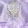 Chinese Style Products Children's Ancient Style Hanfu Dance Fan Embroidery Hand Fan For Women Runway Show Shoot Long Handle Wedding Decoration R230804