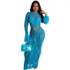 Vestidos Casuais Crochê Malha Oco Borla Vestido Longo Feminino Sexy Ver Através do Decote O Manga Completo Bodycon Maxi Robe de Festa Roupas de Praia