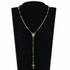 Pendant Necklaces Stainless Steel Beads Necklace Gold Color Rosary Pendants Jesus Christ Cross Long Chain Men Women Jewelry Gift NZ009 230804