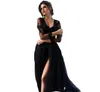 2023 Vintage Bobemian A Line Wedding Dresses V Neck Black Lace Crystal Beads Tulle Gothic With Long Sleeves Sexy Sheer Top Slit Skirt Bridal Gowns Criss Open Back