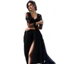 2023 Vintage Bobemian A Line Wedding Dresses V Neck Black Lace Crystal Pärlor Tulle Gothic med långa ärmar Sexig ren topp slits kjol brudklänningar criss öppna tillbaka