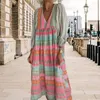 Robes décontractées à la mode imprimé géométrique col en V manches lanterne dame Maxi robe femmes vêtement dames