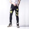 Jeans Masculino Streetwear Magro Personalidade Rasgado Estampado Lápis Calça Jeans Jovem Masculino Casual Algodão Stretch Calças Cowboys