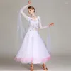 Stage Wear White Ballroom Dance Competition Dress Standard Women Modern Performance Costumes Long Sleeves Big Swing Waltz Dancing Clothes