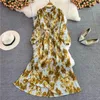 Casual Dresses Korean Fashion Summer Dress for Women Stand Collar Tie-Dye Printed Female Chiffon Pleated Ladies Maxi Vestidos Dropship