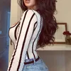 Women's Jumpsuits Rompers High Street White Scoop Neck Mesh Sheer Striped Long Sleeve Romper Body Fishnet Top Fashion Seethrough Outfits 230804