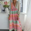 Robes décontractées à la mode imprimé géométrique col en V manches lanterne dame Maxi robe femmes vêtement dames