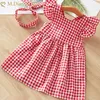 Flickans klänningar Girls Dress Flying Sleeve Plaid Dress+Headband 2023 Baby Girls Princess Kids Party Dress Newborn Costume