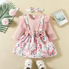 Conjuntos de roupas 2023-06-06 Lioraitiin 0-18M Infant Baby Girls Fall Outfits Manga comprida com nervuras Romper Suspensório Saia Tiara Conjunto de roupas