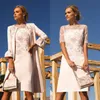 Stylish Rose Embroidery Mother Of The Bride Dresses With Long Cape Jacket Knee Length Satin Straight Short Prom Party Gowns Weddin258p