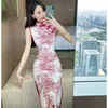 Etnisk kläder kinesisk stil sommarvärdad klänning sexig tryckfest cheongsam retro elegant lång smal qipao ärmlös officiell krage