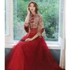 Etnik Giyim Burgundy Mesh Soyunma Elbisesi Lady Cheongsam püsküllü resmi parti standı yaka Çin balo elbisesi zarif qipao