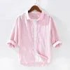 Men's Casual Shirts 2023 Little Fresh Linen 3/4 Sleeve Shirt Youth Thin Loose Large Fashion Square Neck Yarn Woven