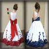Flower Girl Dresses With Red and White Bow Knot Rose Taffeta Ball Gown Jewel Halsring Little Girl Party Pageant Gowns Fall New315e