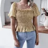 Women's Blouses TSACTE Short Sleeve Chiffon Shirts Spring Shirred Smock Blouse Top Polk Dot T-Shirt Floral BlouseS-XL