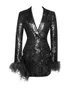 Повседневные платья потрясающие блестящие черные перы с блестками Женщины блейзер сексуальный глубокий V-обратный сплит с разделением женское макси-платье