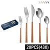 Dinnerware Sets 20PCS Japanese And Korean Style Wood Grain Square Handle Tableware Set Gold Silver Knife Dessert Fork Spoon Cutlery